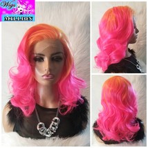 Jill&quot; Ombre Orange Pink Synthetic Lace Front Wig With Side Parting 14 Inch Wavy  - £93.22 GBP