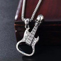 Skull Guitar Pendant Beer Opener Necklace Chain Men&#39;s Punk Rock Jewelry Gift - £13.48 GBP