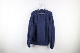 Vintage 60s 70s Streetwear Womens XL Blank Soft Cable Knit Crewneck Sweater Blue - £47.44 GBP