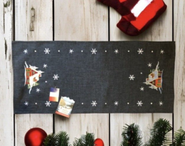 Rolande du Dreuilh Table Runner Embroidered Chalet Snowflakes Winter Gray France - £61.57 GBP