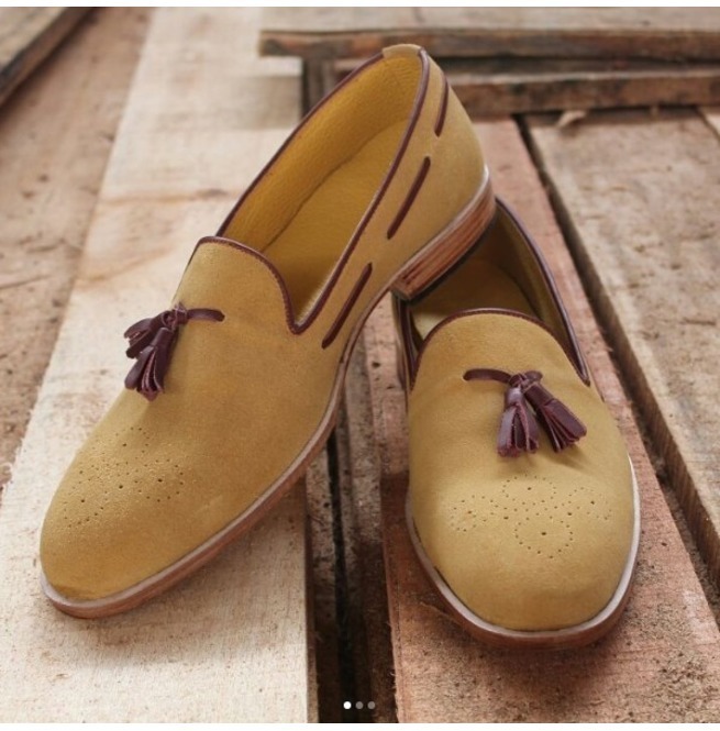 NEW Handmade Men's Loafer Slip On Moccasin Suede shoes, Handmade Beige Tussles s