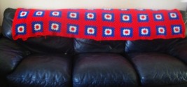 Vintage AFGHAN Handmade Crocheted Granny Square  Throw Red Blue Americana 84x50 - £34.28 GBP