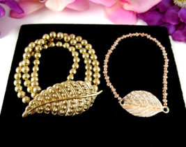 Pair Leaf Bracelets Vintage Beaded Charm Triple &amp; 1 Strand Rose/Goldtone Elastic - $19.79