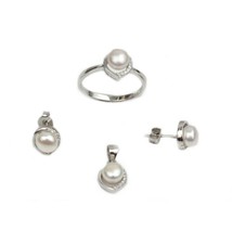 Women&#39;s 925 Sterling Silver Pearl &amp; CZ Rhodium Pendant Earrings Ring Set DA213 - £26.95 GBP