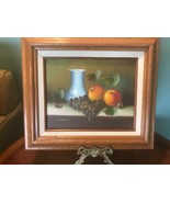 Original Oil Painting MCM 12&quot; X 14&quot; Still Life Fruit Vase Grapes Framed ... - $64.35