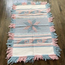 Woven Throw Tapestry Pink Blue White Pastels Fringe Wall Hanging Rug 58&quot;... - $39.99