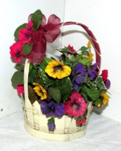 ARTIFICIAL FLOWER DECOR wood basket w/ivy and pansies (office ) - $4.50
