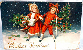 Postcard Children in Snow Bright Colors Christmas Greetings 1910 1 cent Stamp - £3.98 GBP