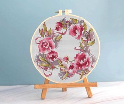 Peony cross stitch floral wreath pattern pdf - Round cross stitch peonie... - $10.99