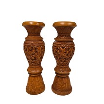 Vintage Hand-Carved 12&quot; Rustic Wooden Decorative Vase Urn Candle Holder Set - $55.81