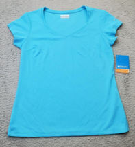 Columbia T Shirt Top Womens Large Blue Polyester Short Casual Sleeve Slit V Neck - £16.36 GBP