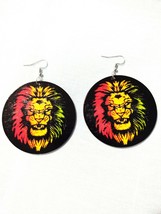 Rasta LION HEAD Fierce Red Yellow Green Black Colors Round 3 1/4&quot; Pair Earrings - £6.79 GBP