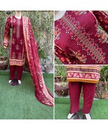 Pakistani Maroon Printed Straight Shirt 3-PCS Lawn Suit w/ Threadwork ,L - $56.43