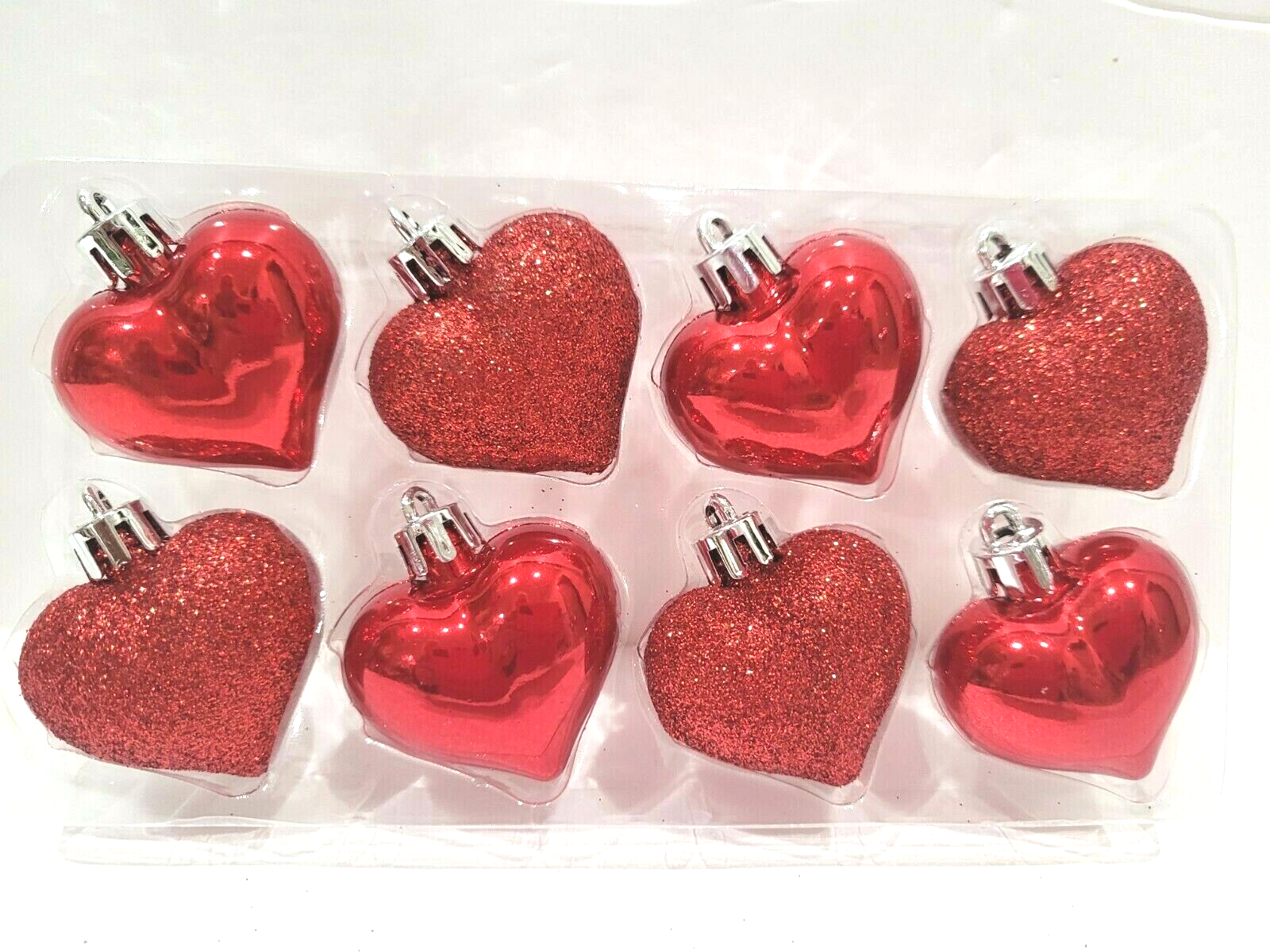 8pc Valentines Day Red Glitter Plastic Hearts Tree Ornaments Decor 1.75&quot; - $11.39