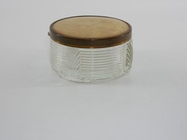 Vtg Art Deco Glass Trinket Box Metal &amp; Fabric lid Dresser Vanity Powder Jar - £15.68 GBP