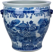 Planter Vase Mountain Pagoda Lion Handle Blue White Porcelain Hand- - £855.07 GBP