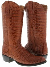 Mens Cowboy Leather Boots Cognac Alligator Belly Print Round Toe Size 8 - £114.30 GBP