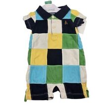 Baby Gap Patchwork Polo Romper Jumpsuit 3-6 M Teddy Bear Logo Preppy VTG... - $11.88
