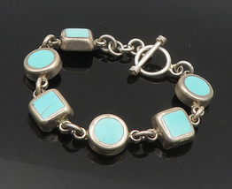 MEXICO 925 Sterling Silver - Vintage Inlaid Turquoise Chain Bracelet - BT7241 - £104.65 GBP