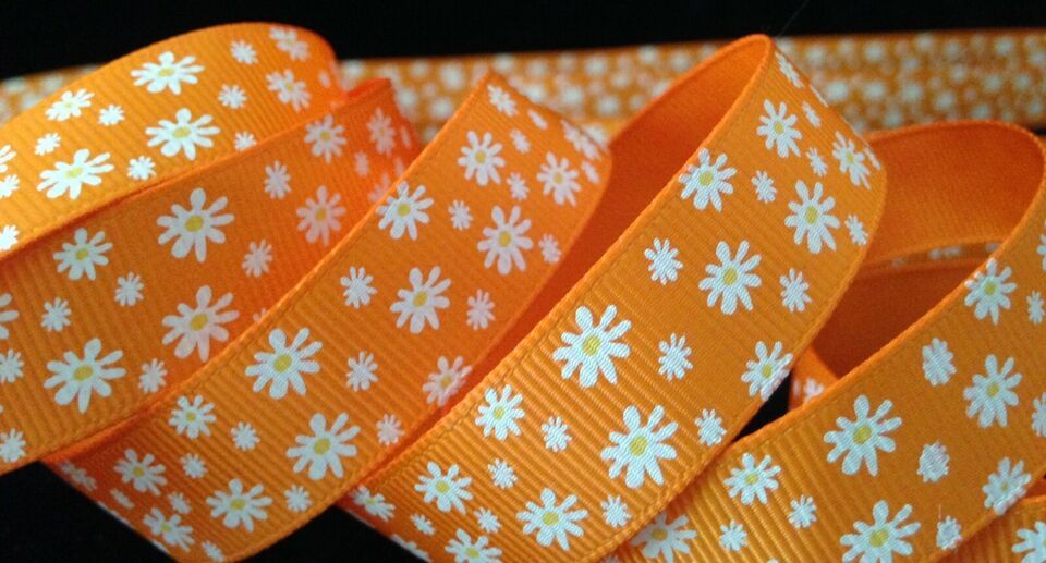 5/8&quot; inch FLOWER Chrysanthemum orange floral RIBBON - 1 yd floral print ... - $1.89