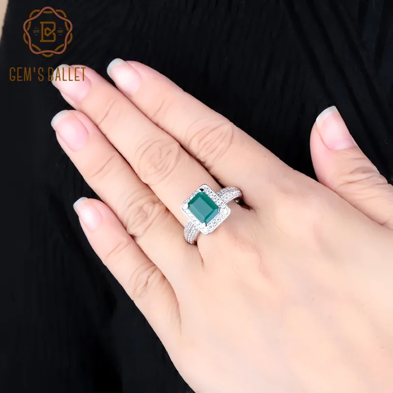 Gem&#39;s Ballet 2.05Ct Classic Women Emerald Cut  Green Agate Ring 925  Silver Gems - $68.24