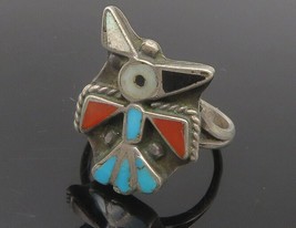 ZUNI 925 Sterling Silver - Vintage Turquoise &amp; Onyx Bird Band Ring Sz 6- RG12050 - £53.23 GBP