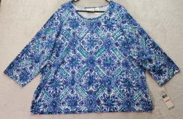 Alfred Dunner Blouse Top Women Size 2X Blue Floral Cotton Long Sleeve Round Neck - £17.50 GBP
