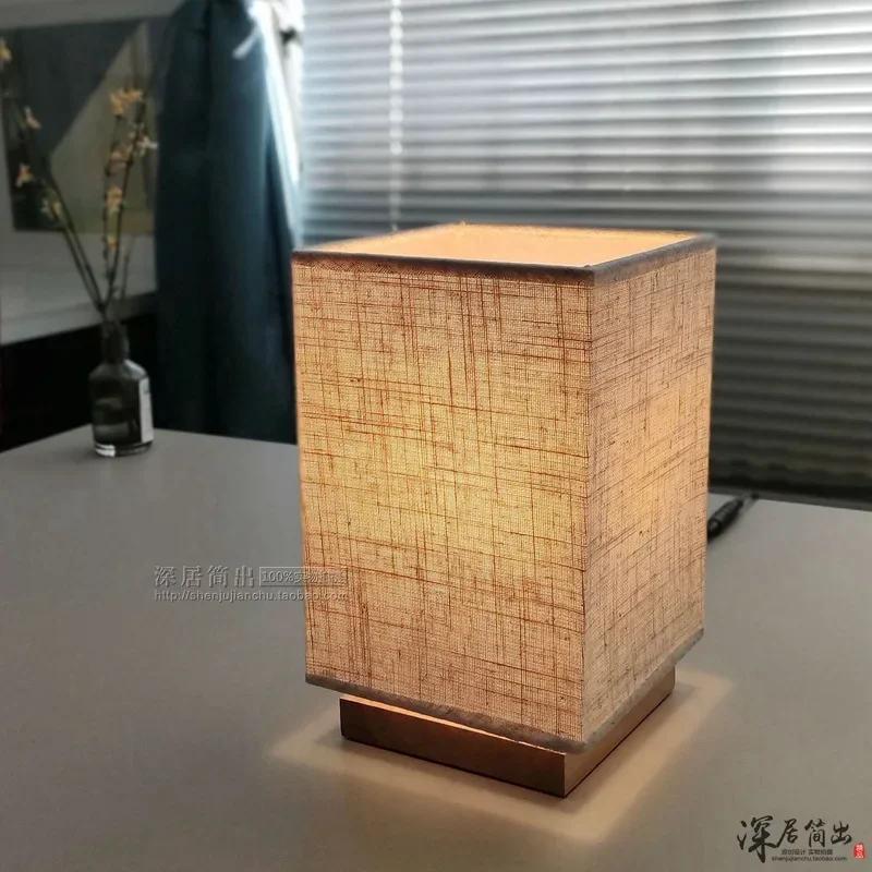 Japanese Square Solid Wood Table Lamp New Chinese Retro Zen Bedroom Beds... - $32.62