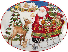 Santa&#39;s Workshop 37277 Sleigh Reindeer Ceramic Oval Platter 16x12&quot; Susan Winget - £42.00 GBP