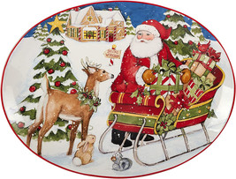 Santa&#39;s Workshop 37277 Sleigh Reindeer Ceramic Oval Platter 16x12&quot; Susan Winget - £39.92 GBP