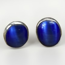 Vintage 925 Sterling Silver Lapis Lazuli Bezel Set Oval Post Earrings - $25.60