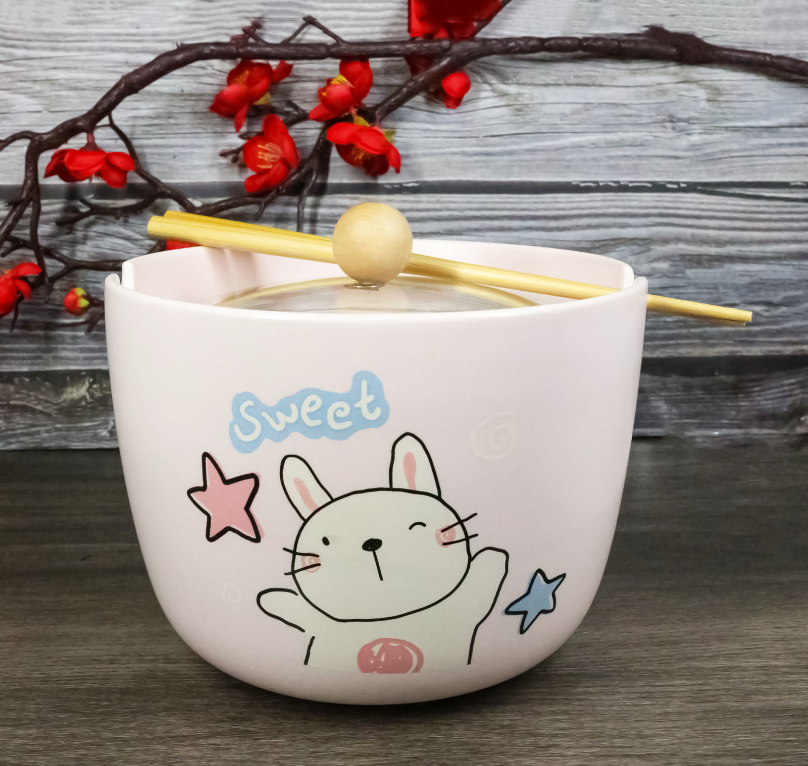 Whimsical Anime Cat With Fish Donburi Ramen Soup Bowl With Chopsticks And Lid