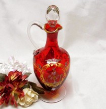 2715 Victorian Art Glass Decorative Gold and Ruby Red Cruet With Stopper - £66.86 GBP