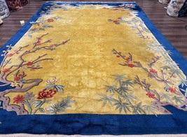 Chinese Peking Rug 9.6 x 13 Mustard &amp; Blue Wool Hand Tufted Vintage Carpet - $2,950.00