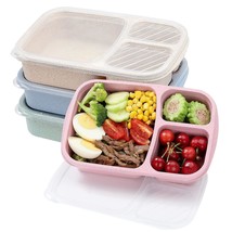 4 Pack Bento Lunch Box Set 3 Compartment Wheat Straw Meal Prep Food Stor... - £20.44 GBP