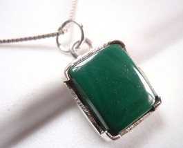 Four-Pronged Malachite Necklace 925 Sterling Silver Rectangle New - £16.49 GBP