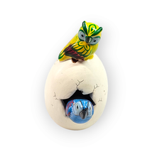 Cracked Egg Pottery Bird Yellow Owl Blue Parrot Hand Painted Signed Mexico 224 - £11.66 GBP