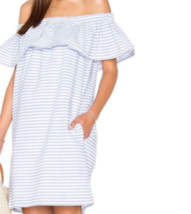 Line + Dot Women&#39;s Blue White Striped Ruffled Off The Shoulder Dress Size S - £31.86 GBP