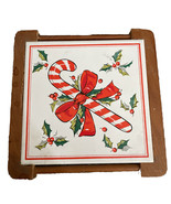 Vtg Christmas Candy Cane Trivet Hot Plate Tile Wood Framed Orient Brand ... - $19.62