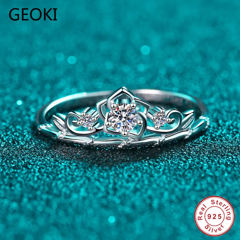 Geoki 925  Silver Passed  Test Perfect Cut 0.1 ct Mossanite Crown Engagement Rin - $56.86