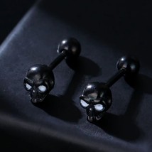 Gothic Punk Retro Black Skull Skeleton Screw Back Stud Earrings Stainless Steel - £11.27 GBP