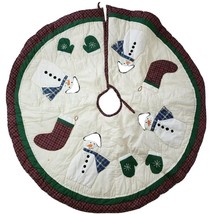 Snowman Quilted Christmas Tree Skirt white / plaid Rustic Country - £16.03 GBP