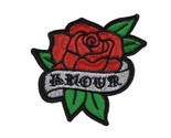 ROSE AMOUR IRON ON PATCH 2.5&quot; Red Flower Love Word Symbol Embriodered Ap... - $3.95