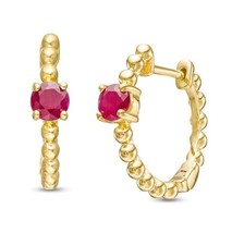 4MM Round Simulated Solitaire Ruby Beaded Hoop Earrings 14K Yellow Gold Plated - £58.83 GBP