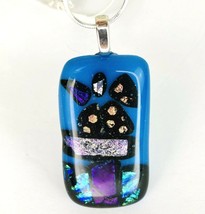 Dichroic Fused Art Glass Blue Sparkle Rectang Floral Pendant Necklace 24&quot; Chain  - £22.13 GBP
