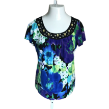 AGB Classy Blouse Shirt ~ Sz L ~ Multicolor ~ Stretch ~ Short Sleeve ~ Beads - £10.55 GBP