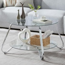 Round Coffee Table, Modern Coffee Table With Metal Frame And Tempered Glass Tabl - £246.80 GBP