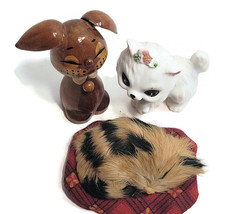 3 Vintage Cat Kitten Kitty Figurines Wood, Fur, Glass Small - £20.73 GBP