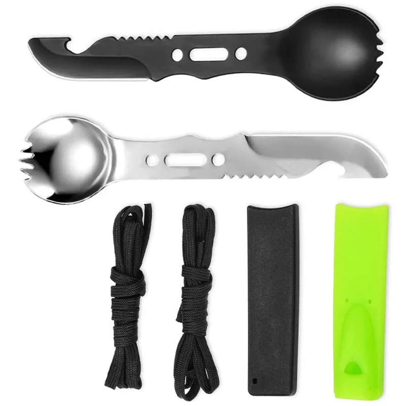 L survival tool stainless steel camping spoon fork with bottle opener whistle ideal for thumb200