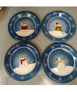 Sonoma Plates Blue Background Snowman Snowflakes Rim Set Of 4 SOG18 - £13.05 GBP